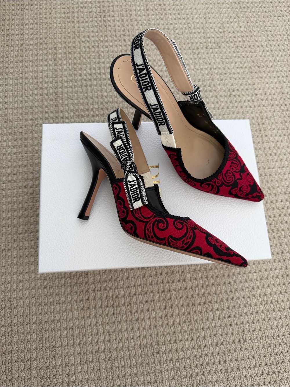 Dior Red and Black Pointed Embroidered Slingback Pumps